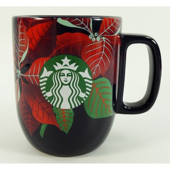 2020 Starbucks Christmas Mug Pointsettias Floral Red Dark Blue 12oz Siren Logo - Picture 2 of 8